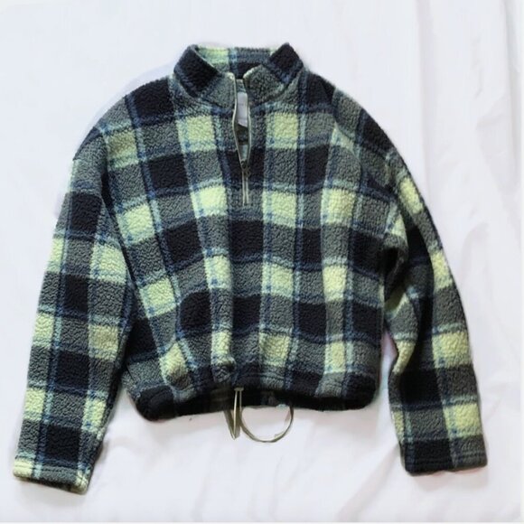 🦋 American Eagle Blue Green Plaid Quarter Zip Teddy Sherpa Pullover Jacket 🦋 - Picture 3 of 5